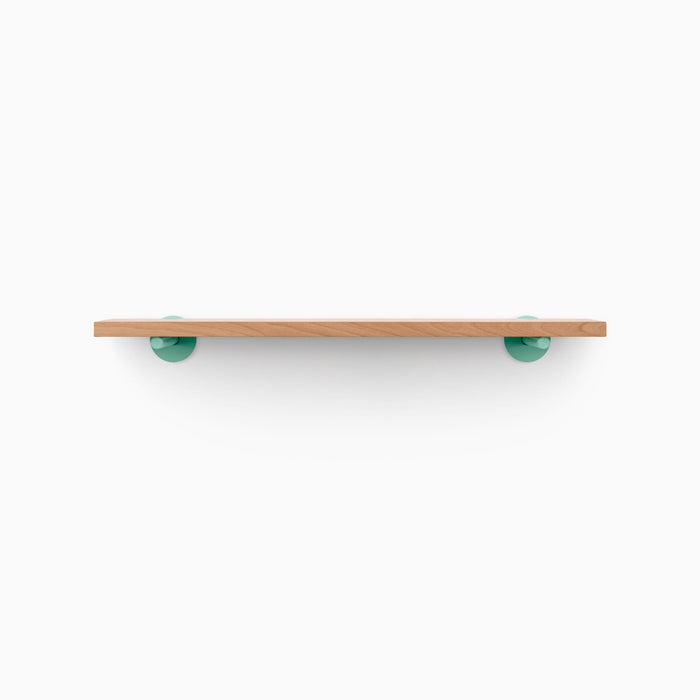 Roderick Alder Wall Shelf with natural alder wood and aquasocks green metal floating shelf brackets for stylish wall display