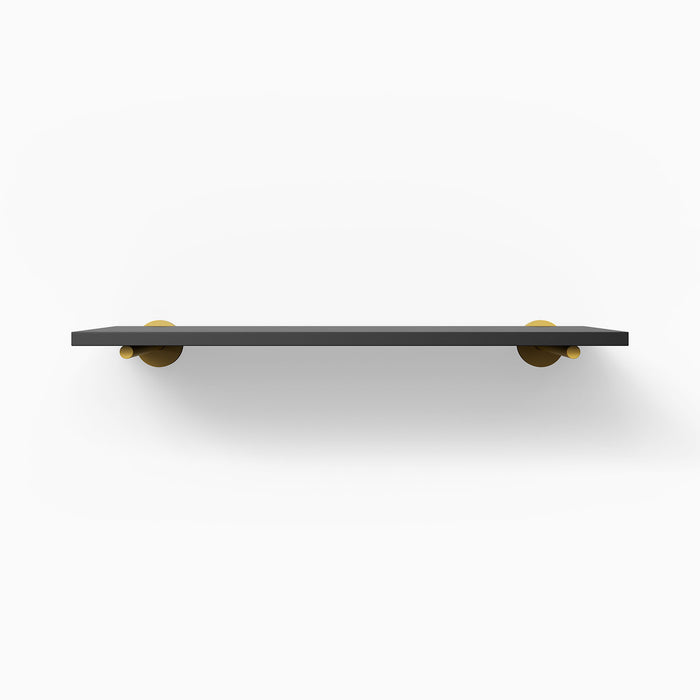 Roderick Black Wall Shelf with sleek black hardwood and round gold metal floating shelf brackets for elegant display