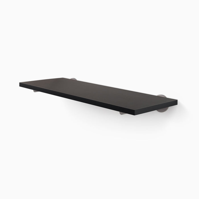 Roderick Black Wall Shelf with smooth black hardwood and discreet round metal floating shelf brackets for elegant display
