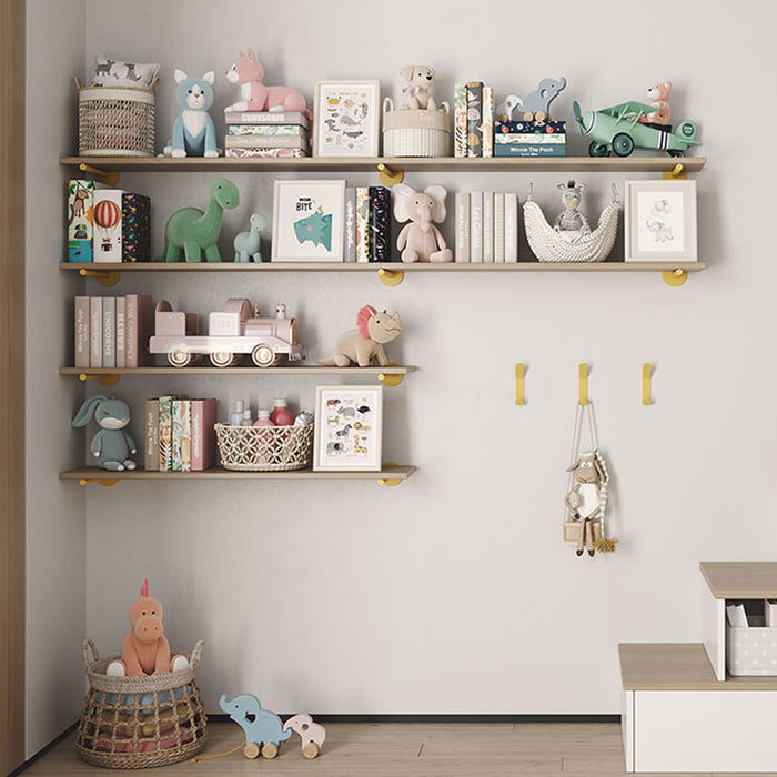 Roderick Black Wall Shelf with smooth black finish and gold metal floating shelf brackets for elegant children's room display