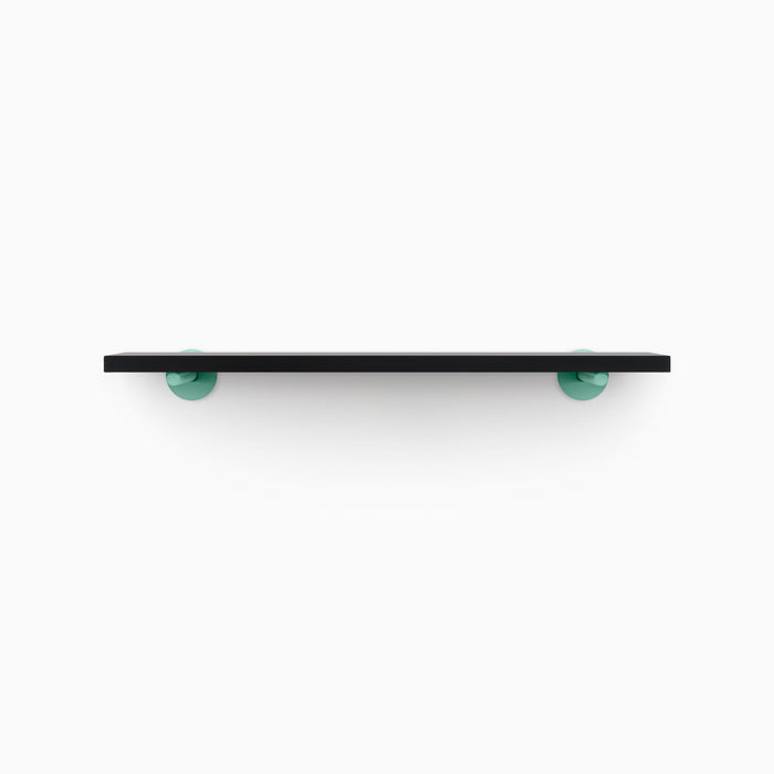 Roderick Black Wall Shelf with smooth black hardwood and round aqua metal floating shelf brackets for modern wall display