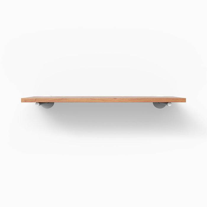 Roderick Cherry Wall Shelf with smooth cherry wood and gray metal floating shelf brackets for elegant wall display and organization