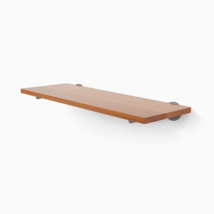 Roderick Cherry Wall Shelf with smooth cherry wood and sleek arsenic gray metal floating shelf brackets for refined wall display