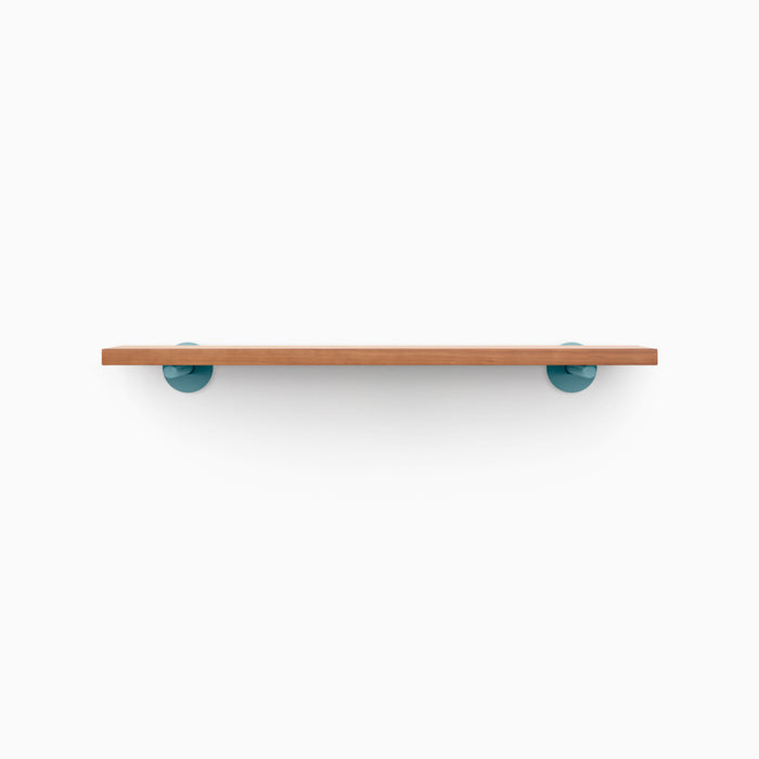 Roderick Cherry Wall Shelf with smooth cherry wood and steely blue metal floating shelf brackets for modern wall display and organization