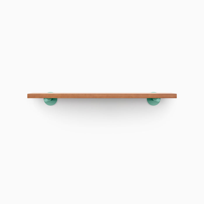 Roderick Cherry Wall Shelf with smooth cherry wood and aquasocks green metal floating shelf brackets for sleek display and organization