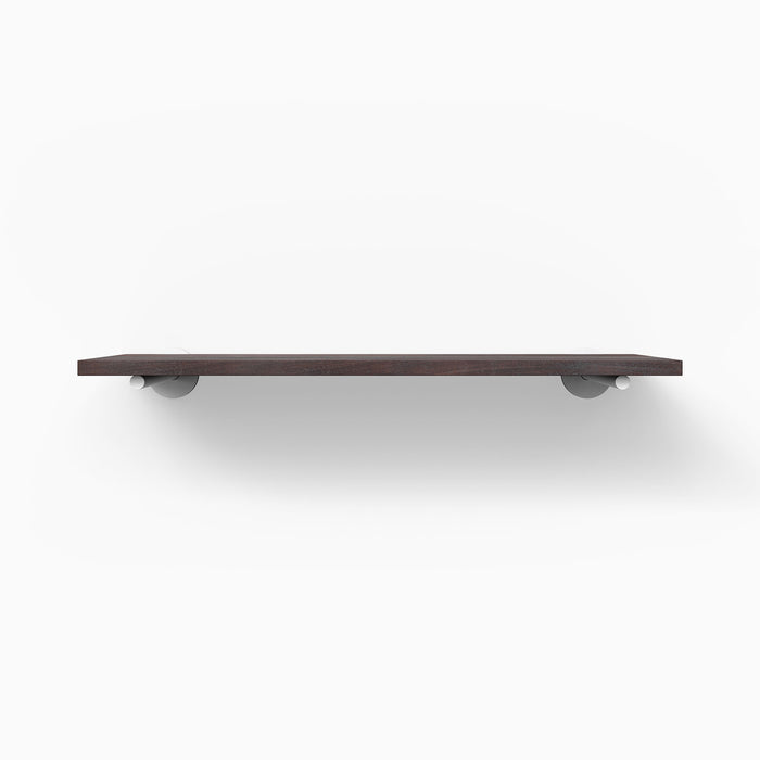 Roderick Dutch Mocha Wall Shelf with rich mocha hardwood and subtle round metal floating shelf brackets for minimalist display
