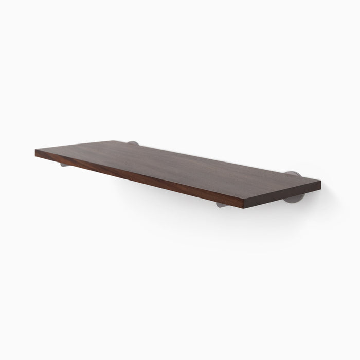 Roderick Dutch Mocha Wall Shelf with rich hardwood and discreet round metal floating shelf brackets for sleek display