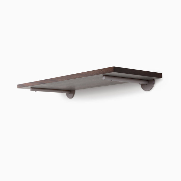 Roderick Dutch Mocha Wall Shelf with rich hardwood and minimalist arsenic gray metal floating shelf brackets for sleek wall display