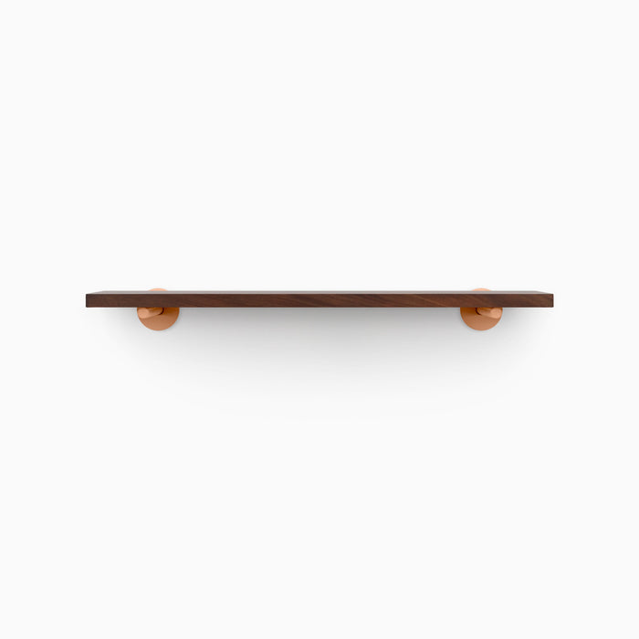 Roderick Dutch Mocha Wall Shelf with rich hardwood and minimalist round copper metal floating shelf brackets for modern display
