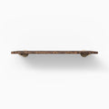 Front view of Roderick wall shelf in rough nutmeg finish with solid alder wood and Dune brackets, modern thin profile