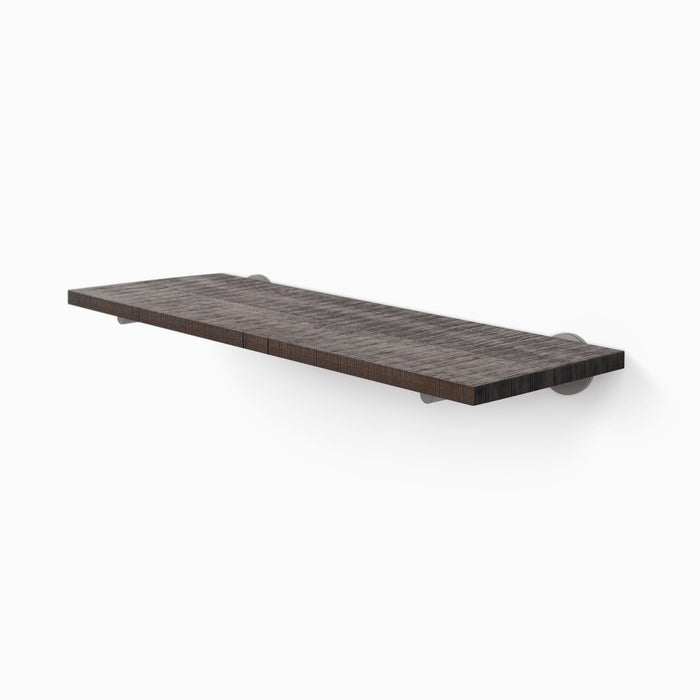 Roderick Espresso Rustic Wall Shelf with textured espresso hardwood and round rustic metal floating shelf brackets for display