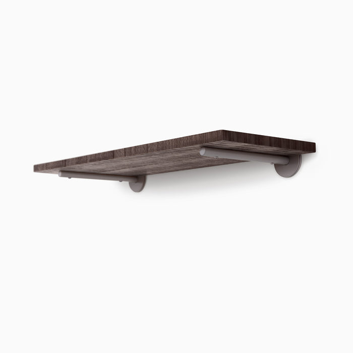 Roderick Espresso Rustic Wall Shelf with textured espresso hardwood and discreet arsenic gray metal floating shelf brackets