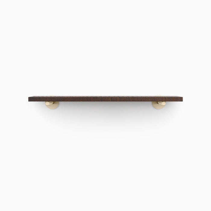 Roderick Espresso Rustic Wall Shelf with textured espresso hardwood and minimalist round light metal floating shelf brackets for versatile display