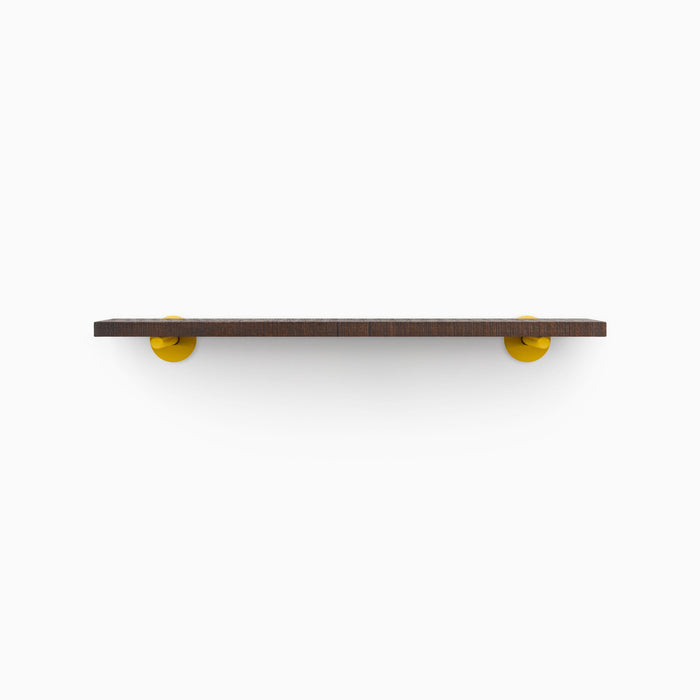 Roderick Espresso Rustic Wall Shelf with textured espresso hardwood and round yellow metal floating shelf brackets for modern display