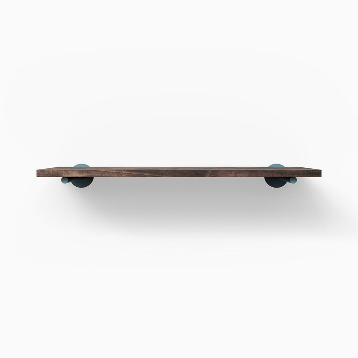 Roderick Espresso Wall Shelf featuring textured espresso hardwood with subtle round teal metal floating shelf brackets for stylish display