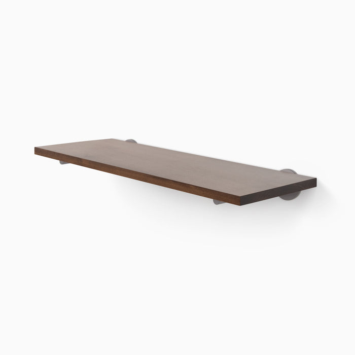 Roderick Espresso Wall Shelf with smooth espresso hardwood and minimal stainless steel floating shelf brackets for sleek wall display