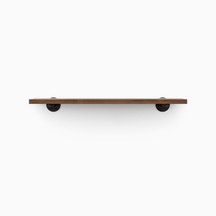 Roderick Espresso Wall Shelf with smooth espresso hardwood and round black metal floating shelf brackets for elegant display