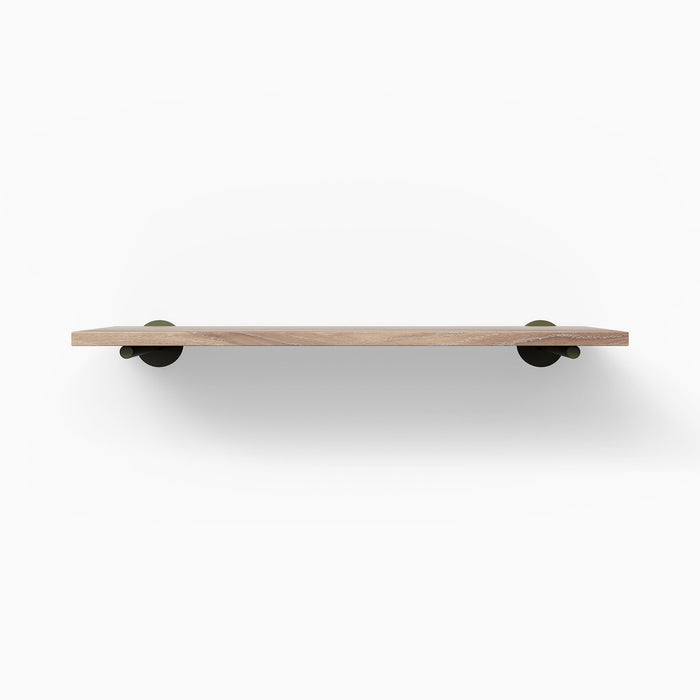 Roderick Glazed White Oak Wall Shelf with smooth white oak and minimalist dark metal floating shelf brackets for sleek display
