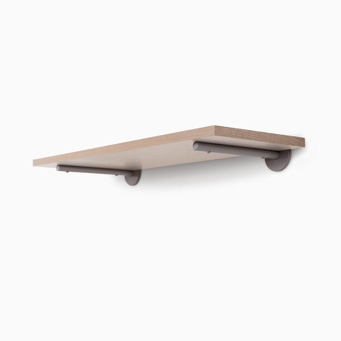 Roderick Glazed White Oak Wall Shelf with smooth white oak and minimalist arsenic gray metal floating shelf brackets for sleek display