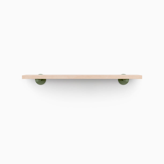Roderick Glazed White Oak Wall Shelf with smooth white oak and round olive green metal floating shelf brackets for sleek wall display