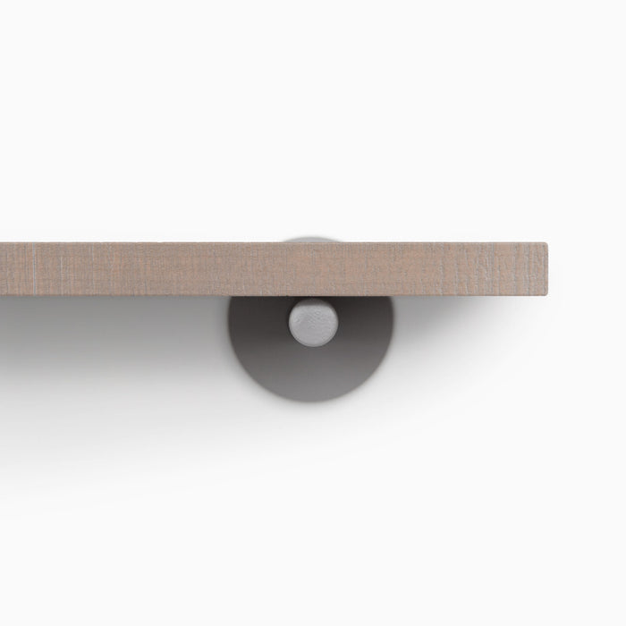 Roderick Hatch Grey Rustic Wall Shelf with textured grey hardwood and discreet round arsenic gray metal floating shelf bracket