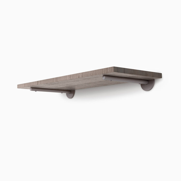 Roderick Hatch Grey Rustic Wall Shelf with textured hardwood and smooth arsenic gray metal floating shelf brackets for subtle display