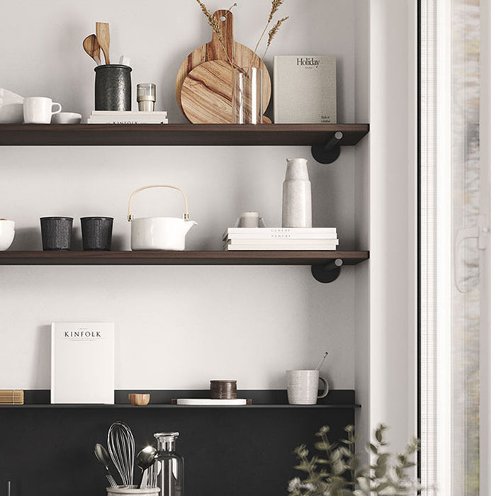 Roderick Tungsten Wall Shelf in rich wood with dark metal floating brackets for stylish kitchen display and organization