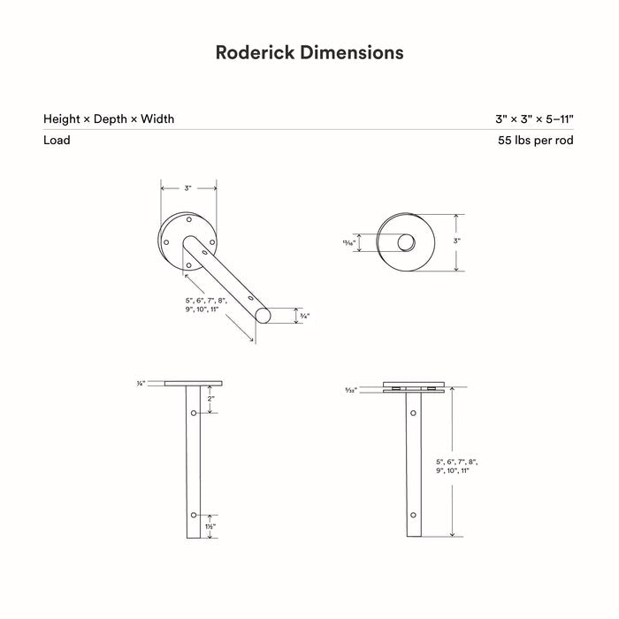 Roderick Tungsten Wall Shelf dimension diagram showing measurements and load capacity for shelf bracket hardware