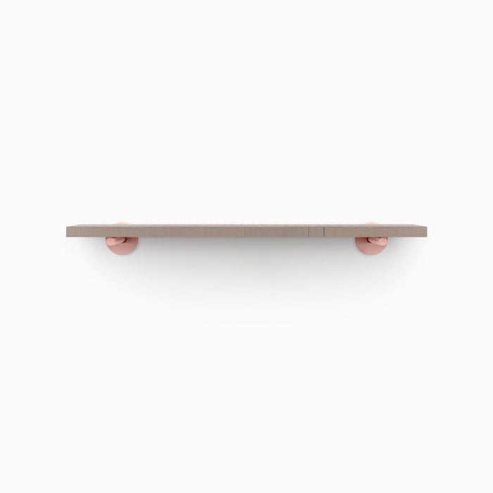Roderick Hatch Grey Rustic Wall Shelf with textured grey hardwood and round copper metal floating shelf brackets for minimalist display