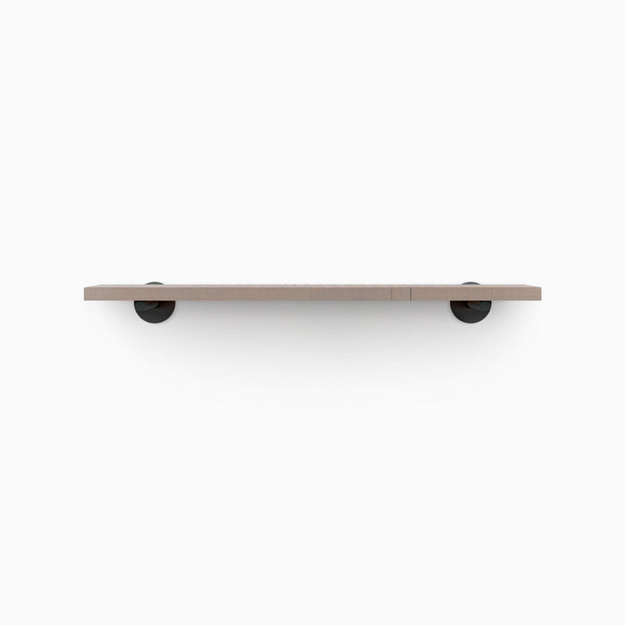 Roderick Hatch Grey Rustic Wall Shelf with textured grey hardwood and matte black round metal floating shelf brackets for sleek display