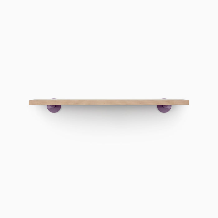 Roderick Maple Wall Shelf with smooth maple finish and vibrant purple metal floating shelf brackets for modern wall display