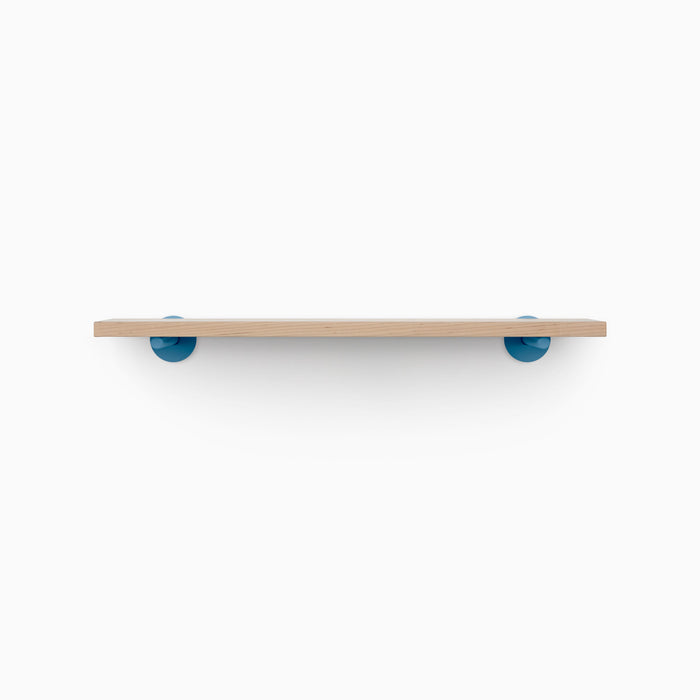 Roderick Maple Wall Shelf with smooth maple finish and blue metal floating shelf brackets for stylish wall display