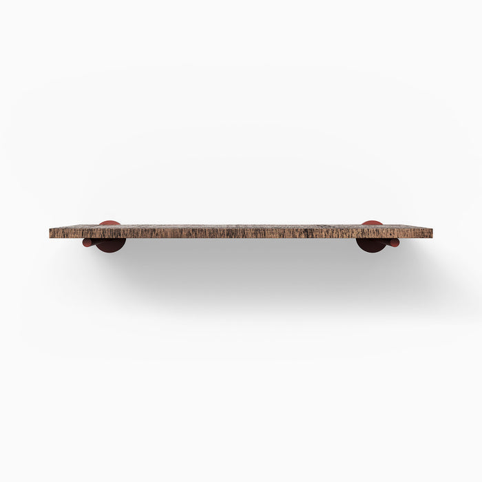 Roderick Nutmeg Rustic Wall Shelf with textured nutmeg hardwood and round copper metal floating shelf brackets for warm display
