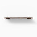 Roderick Nutmeg Rustic Wall Shelf with textured nutmeg hardwood and round copper metal floating shelf brackets for warm display