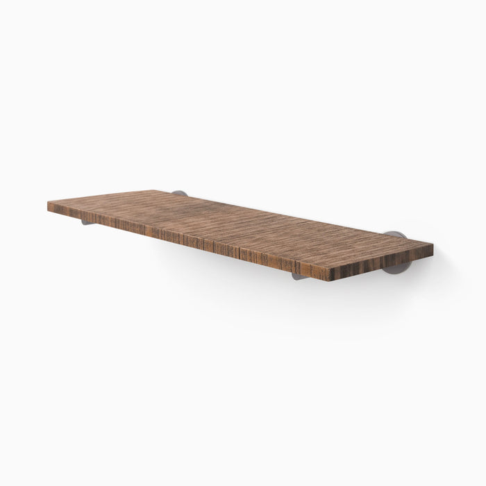 Roderick Nutmeg Rustic Wall Shelf with textured nutmeg hardwood and discreet round metal floating shelf brackets