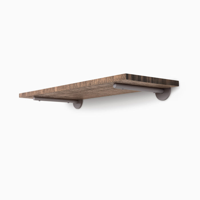 Roderick Nutmeg Rustic Wall Shelf with textured nutmeg hardwood and discreet arsenic gray metal floating shelf brackets for display