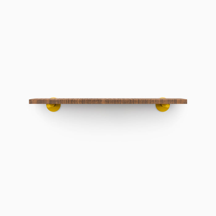 Roderick Nutmeg Rustic Wall Shelf with textured nutmeg hardwood and round mustard yellow metal floating shelf brackets for display