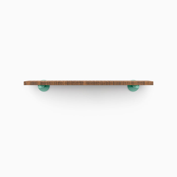 Roderick Nutmeg Rustic Wall Shelf with textured nutmeg hardwood and round teal metal floating shelf brackets for subtle color display