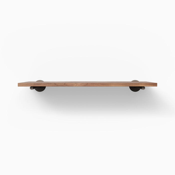 Roderick Nutmeg Wall Shelf featuring textured hardwood and dark metal round floating shelf brackets for sleek wall display