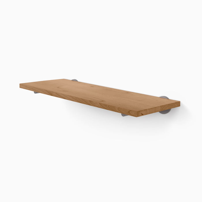 Roderick Nutmeg Wall Shelf with smooth hardwood and discreet round metal floating shelf brackets for minimalist display