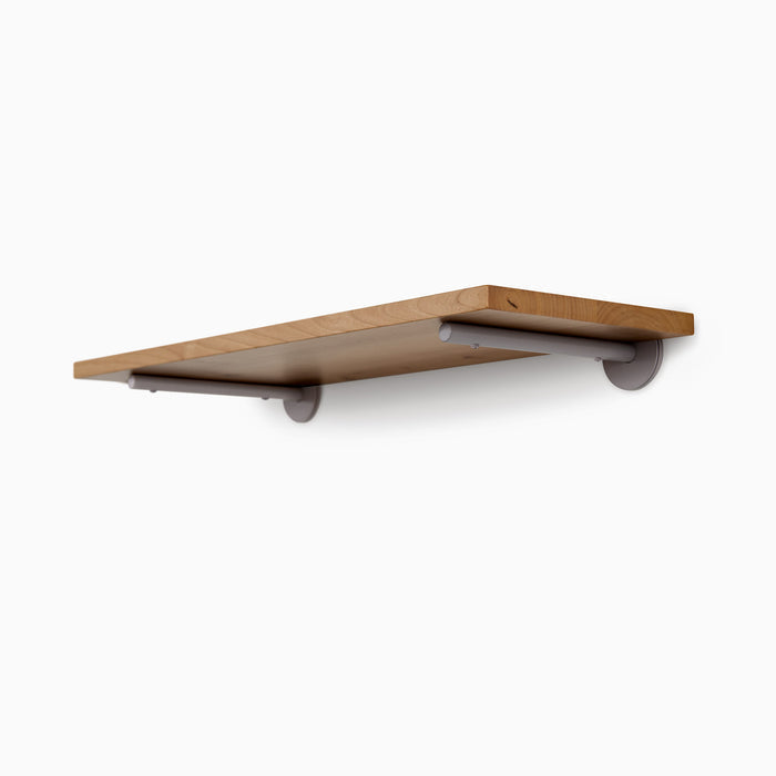 Roderick Nutmeg Wall Shelf with smooth nutmeg hardwood and round arsenic gray metal floating shelf brackets for sleek display