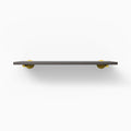 Roderick Tungsten Wall Shelf with dark tungsten finish and round brass metal floating shelf brackets for modern wall display