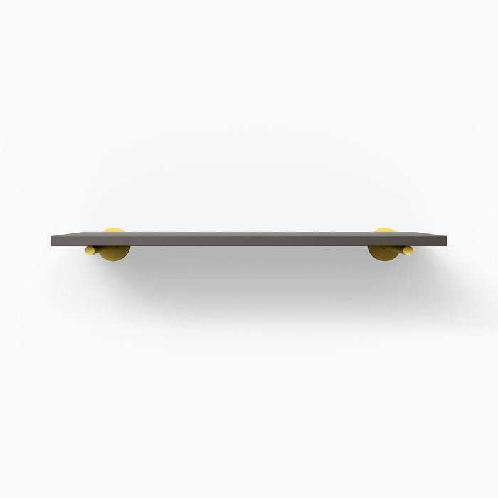 Roderick Tungsten Wall Shelf with dark tungsten finish and round brass metal floating shelf brackets for modern wall display