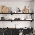 Roderick Walnut Wall Shelf with rich walnut finish and black metal floating shelf brackets for elegant kitchen display and organization