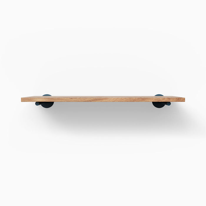 Roderick White Oak Wall Shelf with smooth white oak finish and round black metal floating shelf brackets for modern display