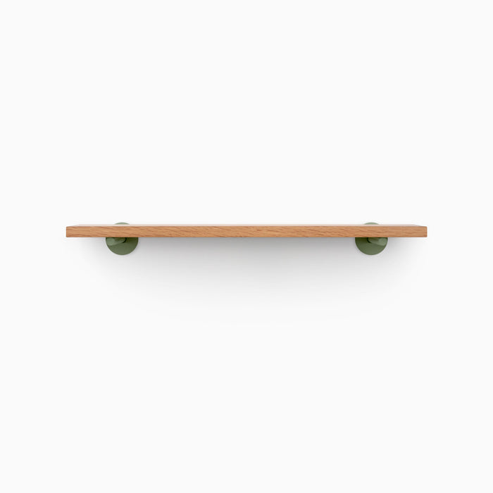 Roderick White Oak Wall Shelf with smooth white oak glue-up and olive green metal floating shelf brackets for clean display