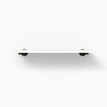 Roderick White Wall Shelf with smooth white hardwood and round olive green metal floating shelf brackets for minimalist display