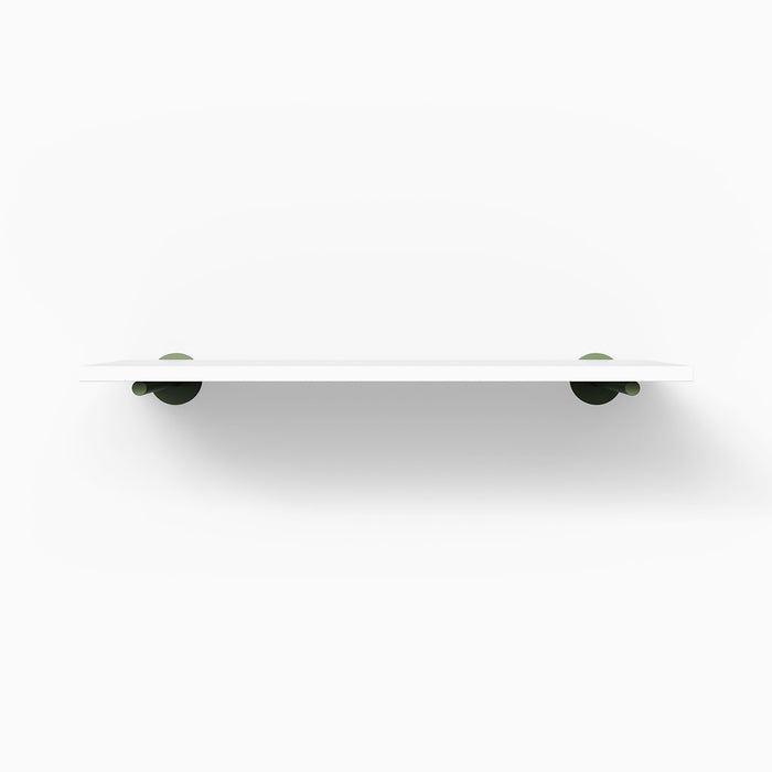 Roderick White Wall Shelf with smooth white hardwood and round olive green metal floating shelf brackets for minimalist display