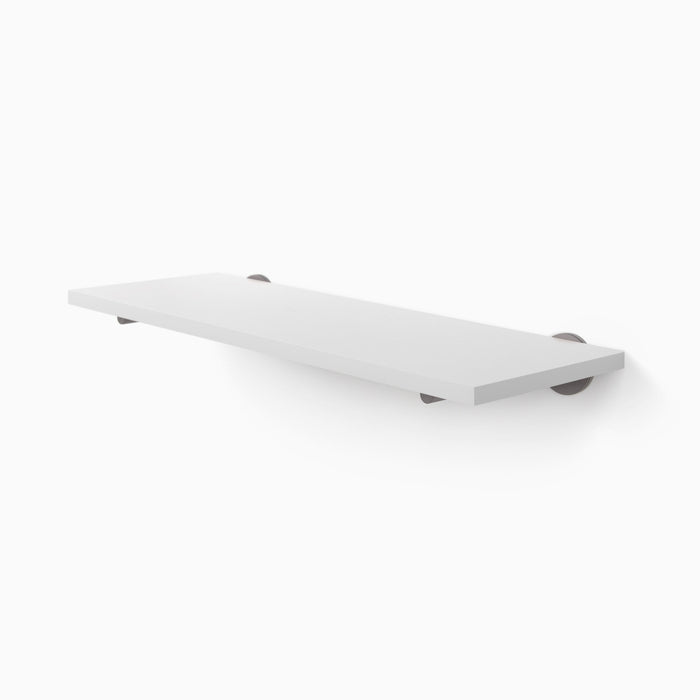 Roderick White Wall Shelf with smooth white hardwood and discreet round arsenic gray metal floating shelf brackets