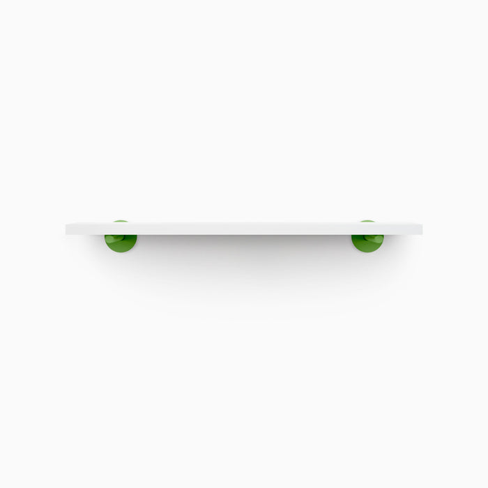 Roderick White Wall Shelf with smooth white hardwood and vibrant round lime green metal floating shelf brackets for modern display